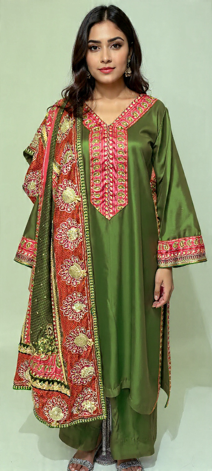 3pc Rao Silk With Embroidary Shawal(Green))