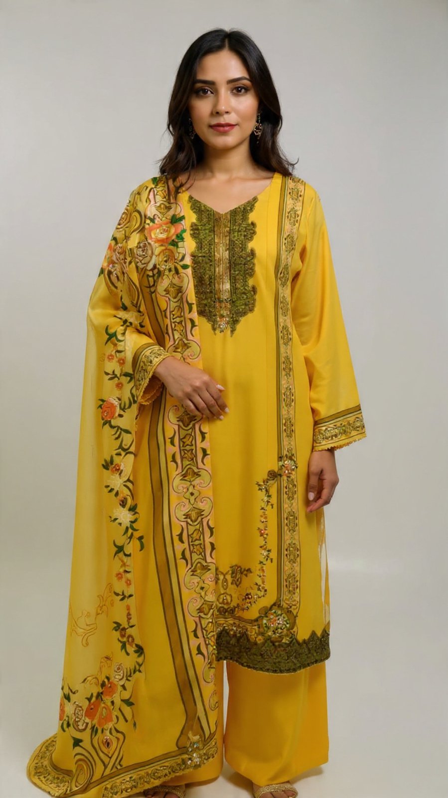 3pc Dull Silk With light Embroidary Yellow Color
