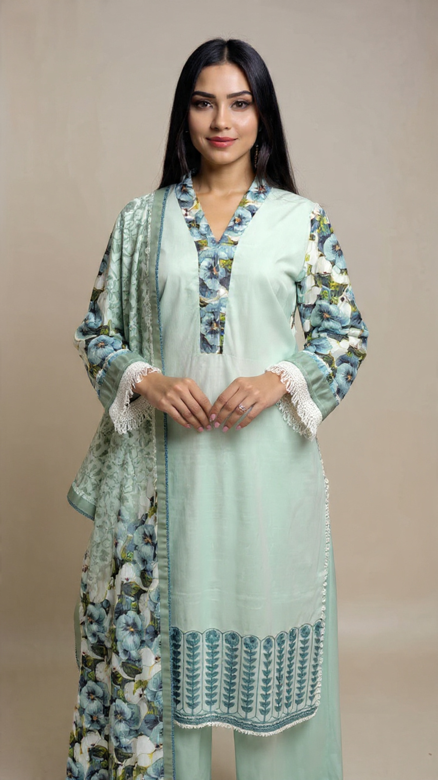 3pc Lawn With DullSilk Dupatta Ice Blue Color