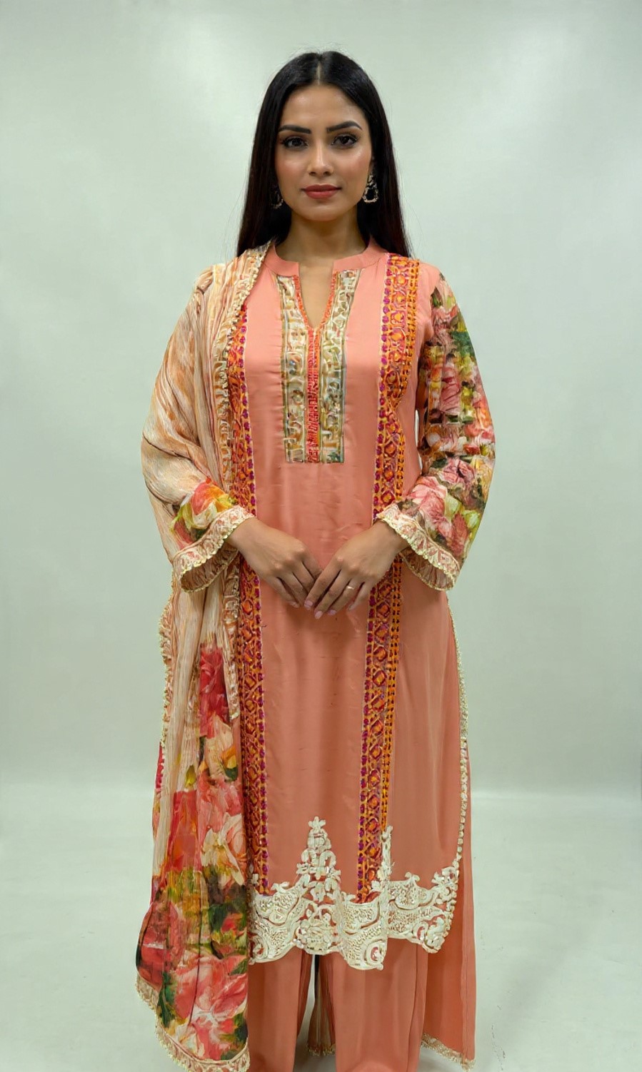 3pc Lawn With DullSilk Dupatta Peach Color