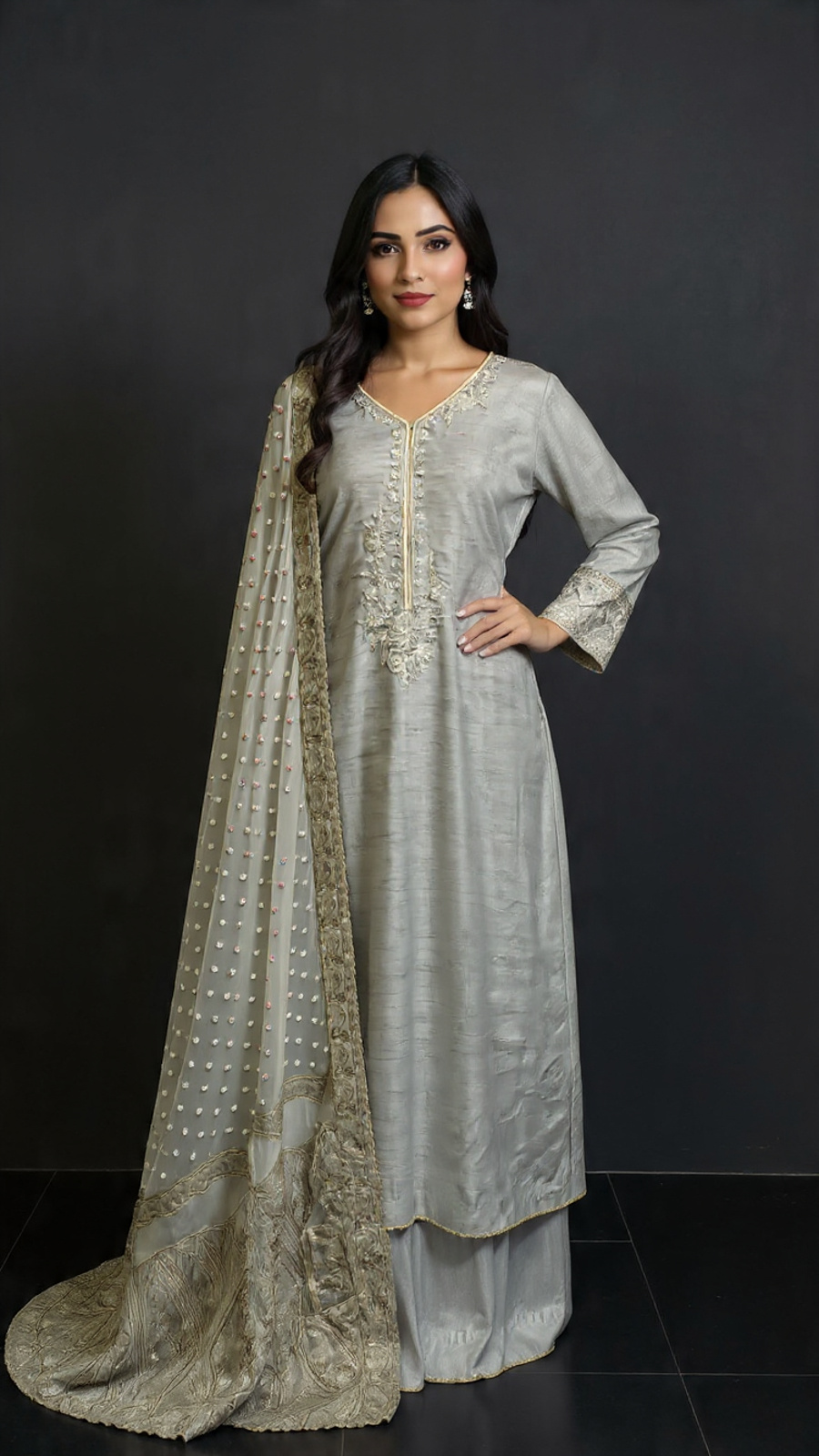 3pc Rao Silk With Organza Dupatta Emb(Gray)