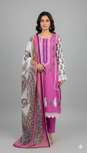 3pc Lawn With DullSilk Dupatta Magenta Color