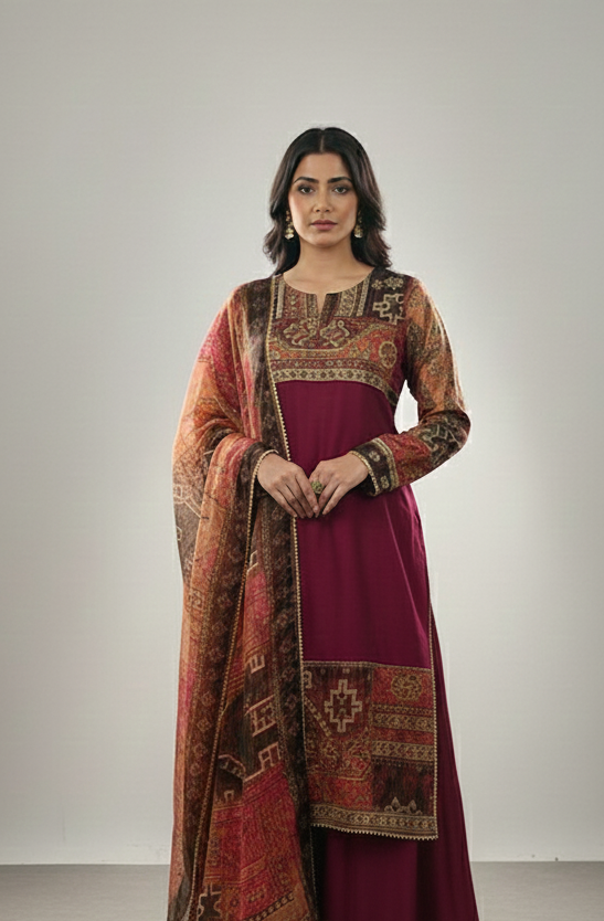 3pc Lawn With masuri Dupatta Mahroon Color