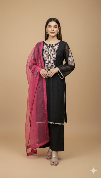3pc Lawn With Organza Dupatta Black &amp; pink Color