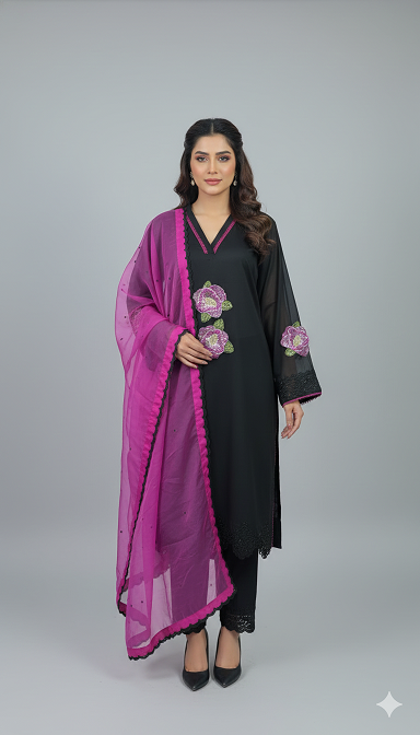 3pc Lawn With Organza Dupatta Black &amp; Red Color