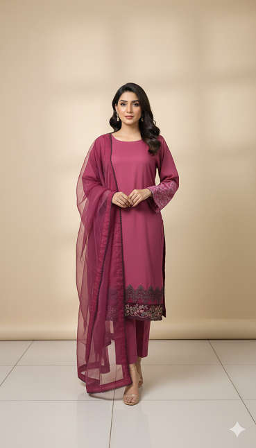 3pc Lawn With Organza Dupatta Pink Color